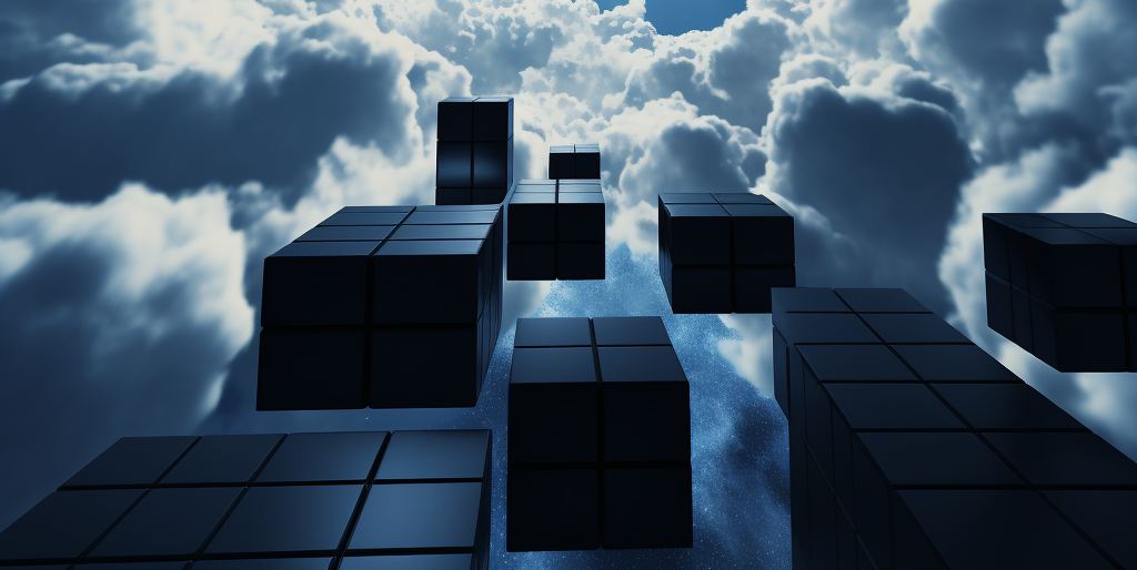 Picture of cubes floating among clouds
